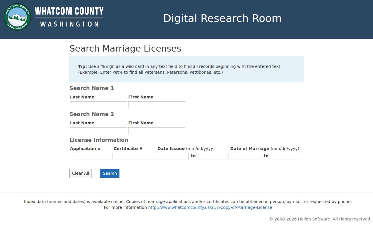 Whatcom County public records marriage index search