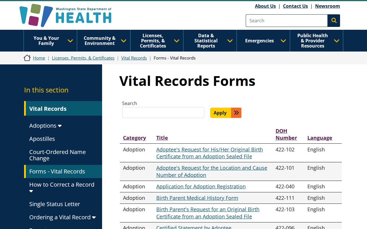 Whatcom County public records Washington vital records forms