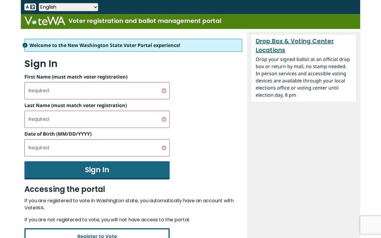 Whatcom County voter registration VoteWA sign-in fields